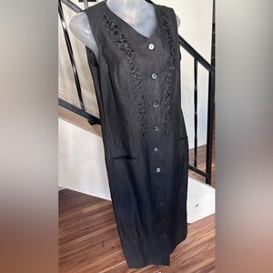 Jennifer Eden Maxi Black Sleeveless Dress Long Button Front with Embroidery